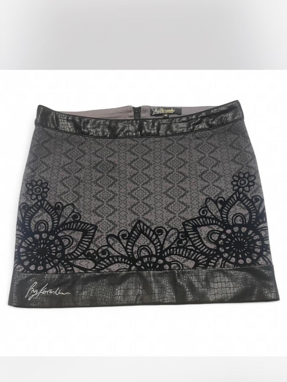 Textured Grey Mini Skirt with Black Floral Appliqué